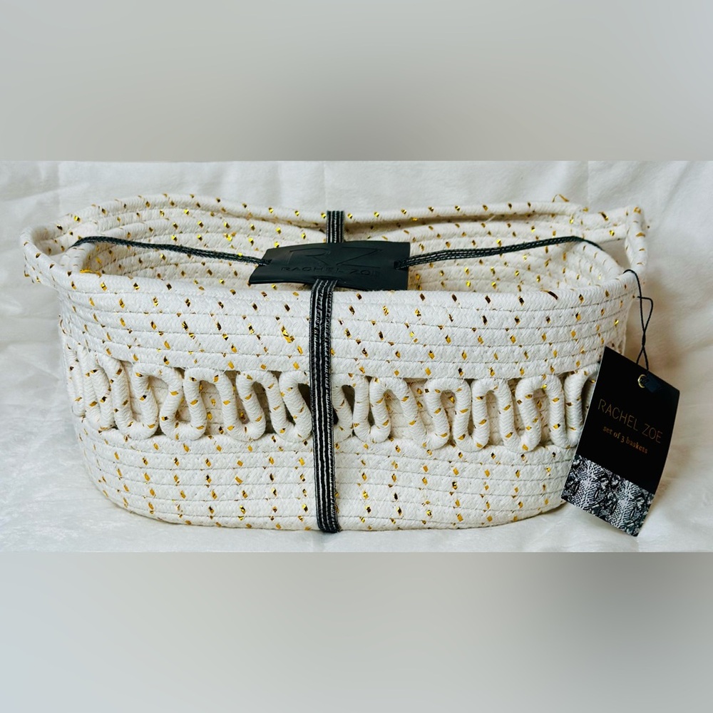 New Rachel Zoe Set Of 3 Cotton Rope Woven Baskets w/Delicate Threaded Gold Foil